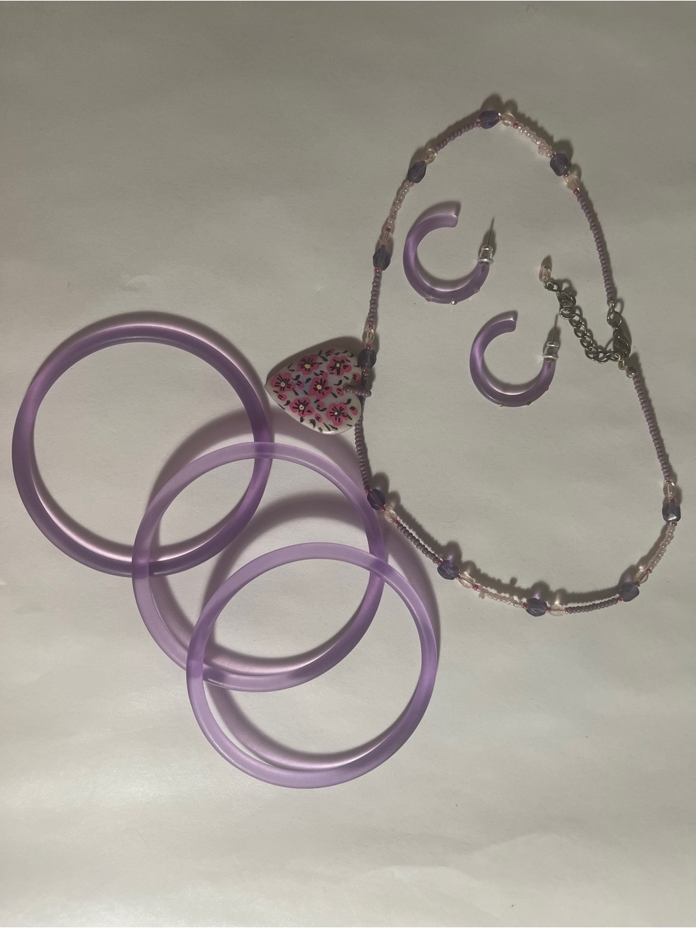 Lavender Hoop Earring & Bangle Jewelry Set with Heart Pendant